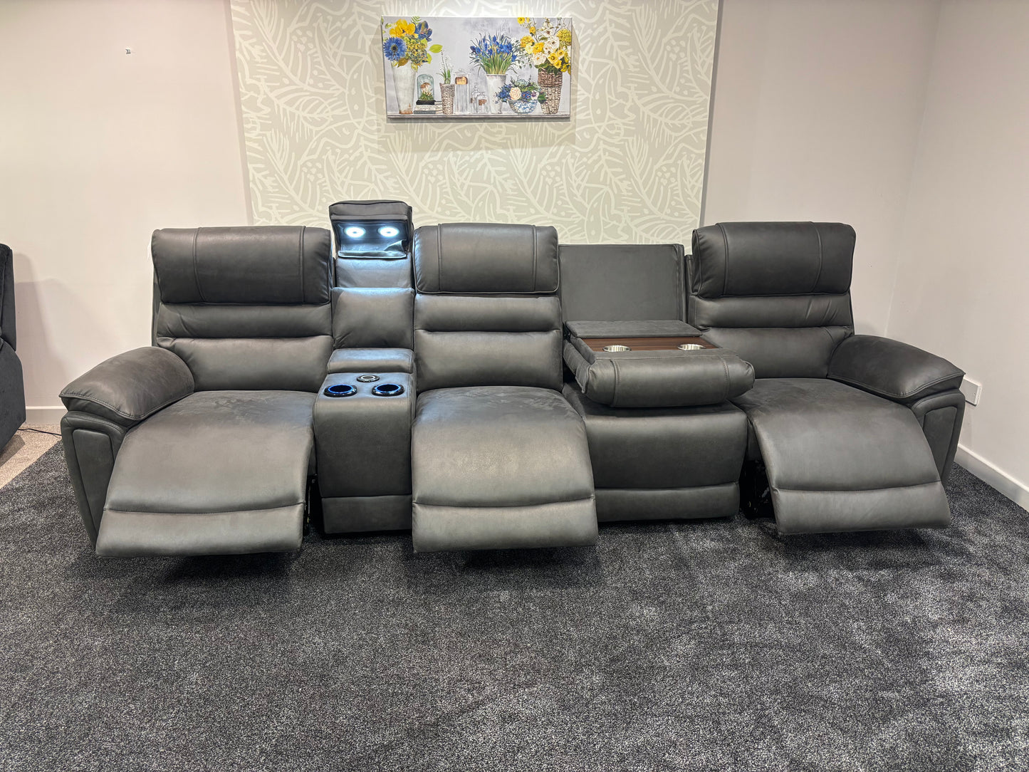 Donald Cinema Tech 4 Seater Easy-Clean Suede Fabric Modular Power Recliner Sofa – Console, Drinks Coolers &amp; Wireless Charging