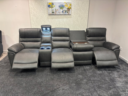 Donald Cinema Tech 4 Seater Easy-Clean Suede Fabric Modular Power Recliner Sofa – Console, Drinks Coolers &amp; Wireless Charging