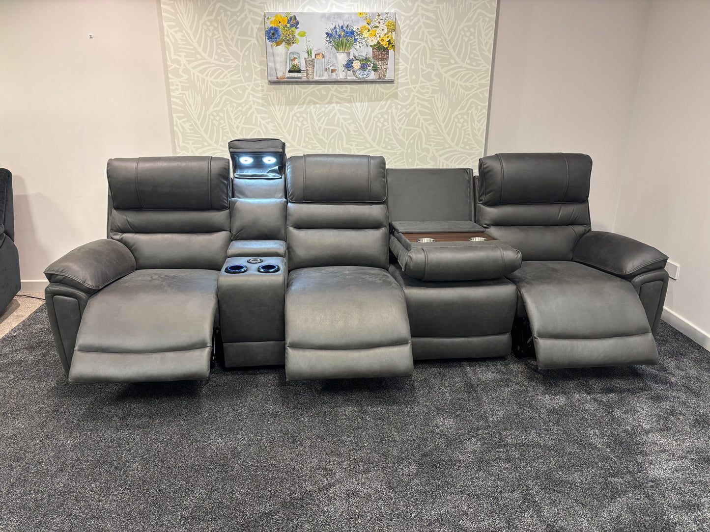 Donald Cinema Tech 4 Seater Easy-Clean Suede Fabric Modular Power Recliner Sofa – Console, Drinks Coolers &amp; Wireless Charging