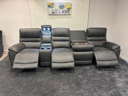 Donald Cinema Tech 4 Seater Easy-Clean Suede Fabric Modular Power Recliner Sofa – Console, Drinks Coolers &amp; Wireless Charging