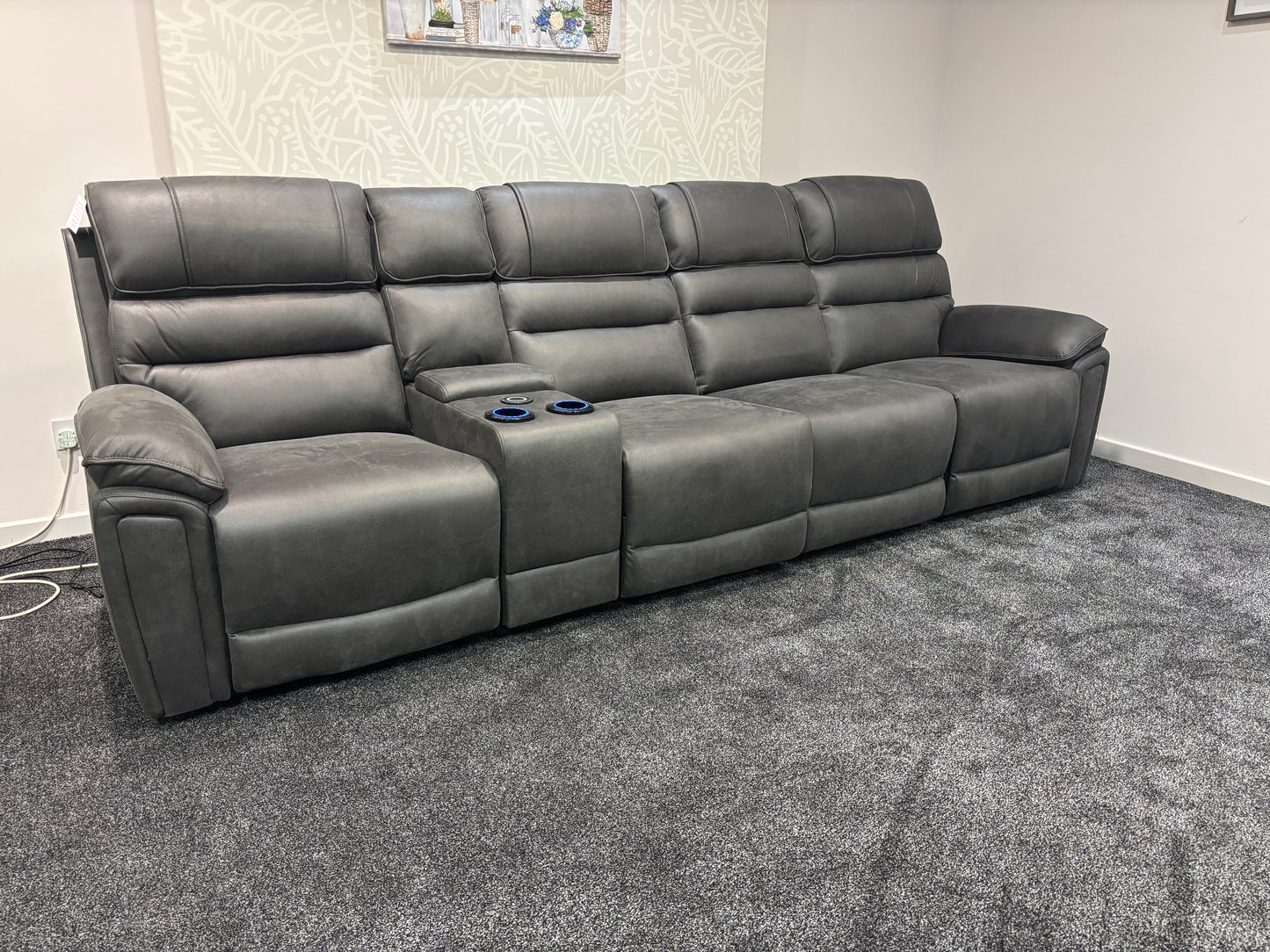 Donald Cinema Tech 4 Seater Easy-Clean Suede Fabric Modular Power Recliner Sofa – Console, Drinks Coolers &amp; Wireless Charging