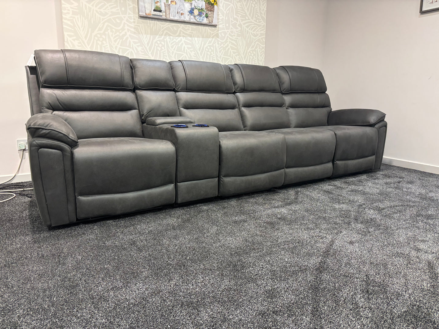 Donald Cinema Tech 4 Seater Easy-Clean Suede Fabric Modular Power Recliner Sofa – Console, Drinks Coolers &amp; Wireless Charging