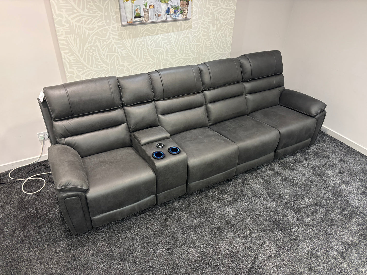 Donald Cinema Tech 4 Seater Easy-Clean Suede Fabric Modular Power Recliner Sofa – Console, Drinks Coolers &amp; Wireless Charging