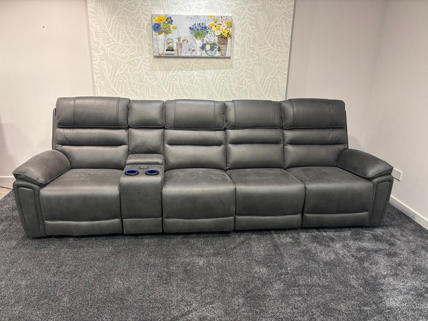 Donald Cinema Tech 4 Seater Easy-Clean Suede Fabric Modular Power Recliner Sofa – Console, Drinks Coolers &amp; Wireless Charging