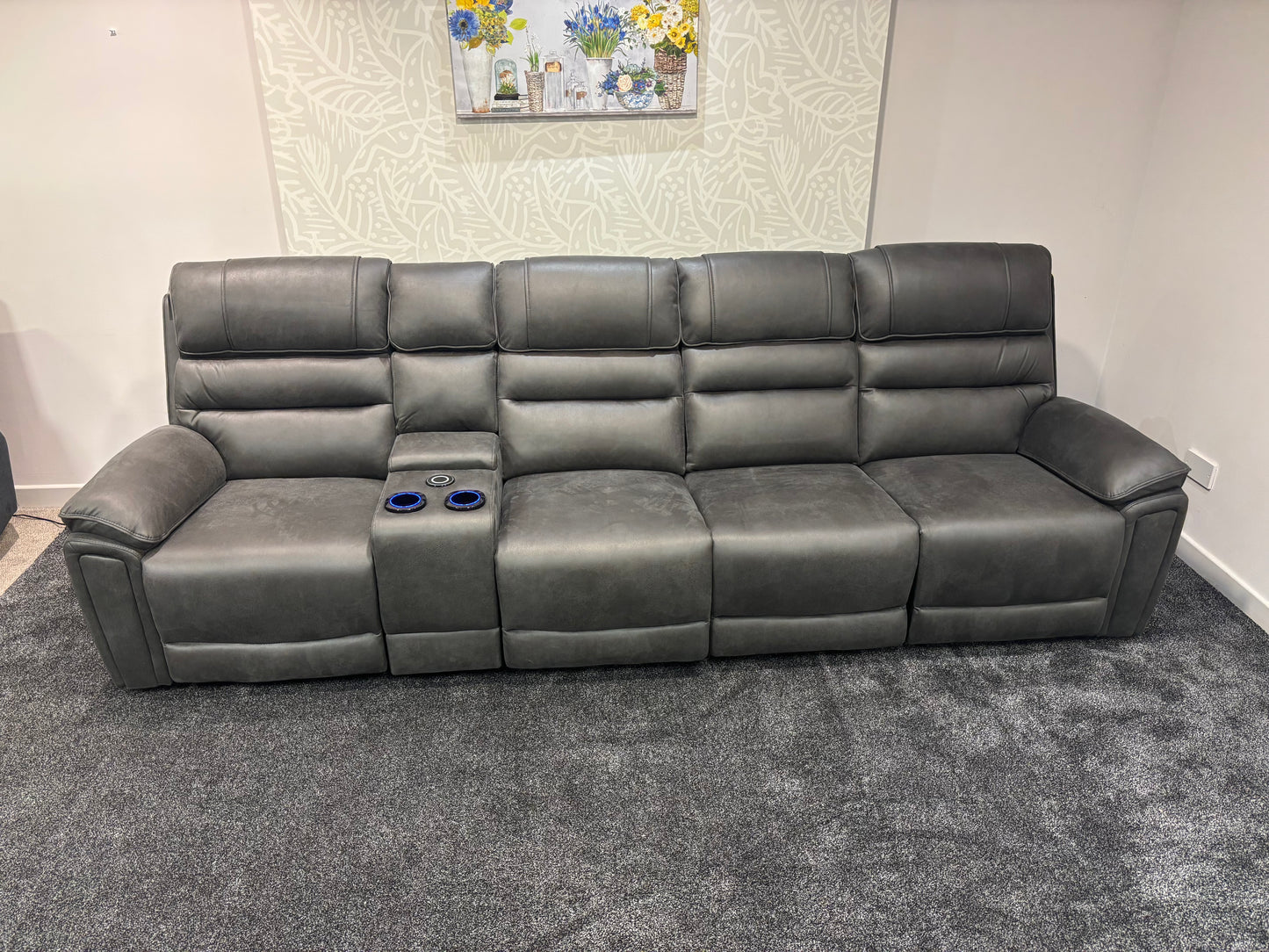 Donald Cinema Tech 4 Seater Easy-Clean Suede Fabric Modular Power Recliner Sofa – Console, Drinks Coolers &amp; Wireless Charging