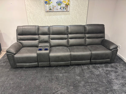 Donald Cinema Tech 4 Seater Easy-Clean Suede Fabric Modular Power Recliner Sofa – Console, Drinks Coolers &amp; Wireless Charging