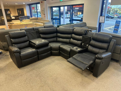 Black Leather 'Lando' 2c2c Reclining Corner Sofa |  Reversible & Modular | Drinks Console | High Backrest | Built To Fit Any Home | Couch |