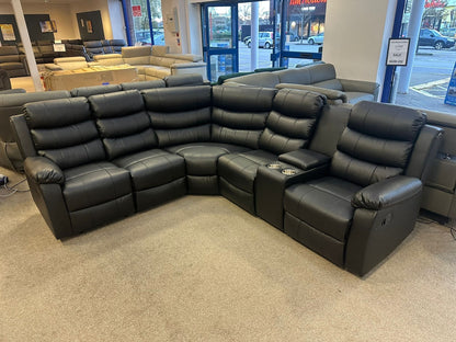 Black Leather 'Lando' 2c2c Reclining Corner Sofa |  Reversible & Modular | Drinks Console | High Backrest | Built To Fit Any Home | Couch |