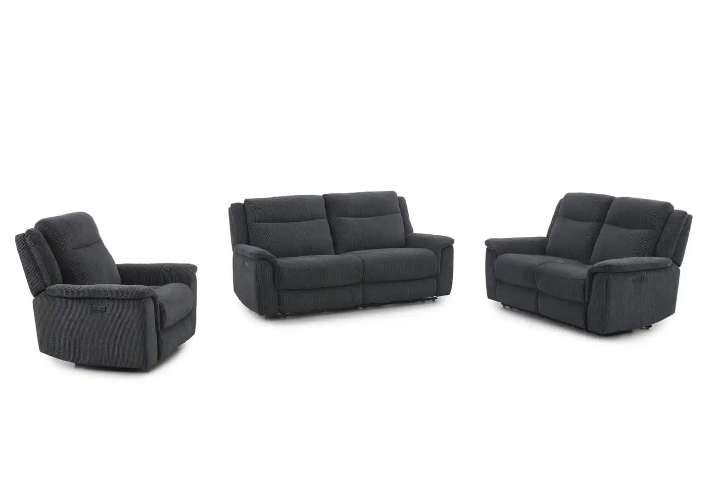 (PRE ORDER DISCOUNT! Back In Stock May 1st) "Tamla" Charcoal Grey Fabric Electric Recliner 3 Seater, 2 Seater & Armchair Sofa Set Complete With USB/C Charging Ports