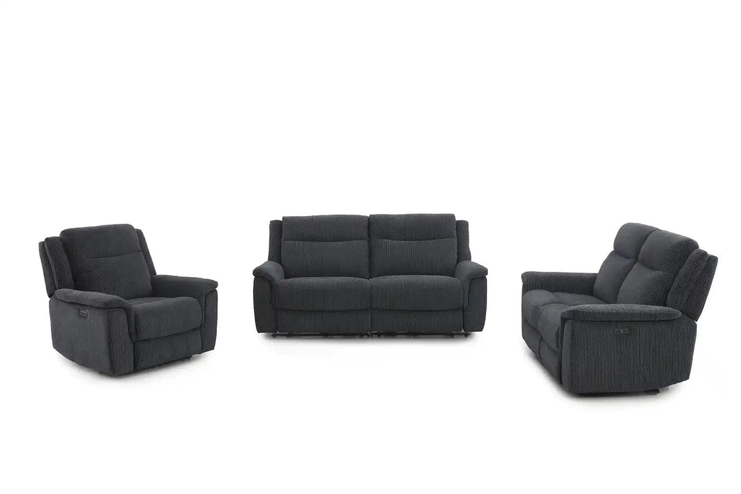 (PRE ORDER DISCOUNT! Back In Stock May 1st) "Tamla" Charcoal Grey Fabric Electric Recliner 3 Seater, 2 Seater & Armchair Sofa Set Complete With USB/C Charging Ports