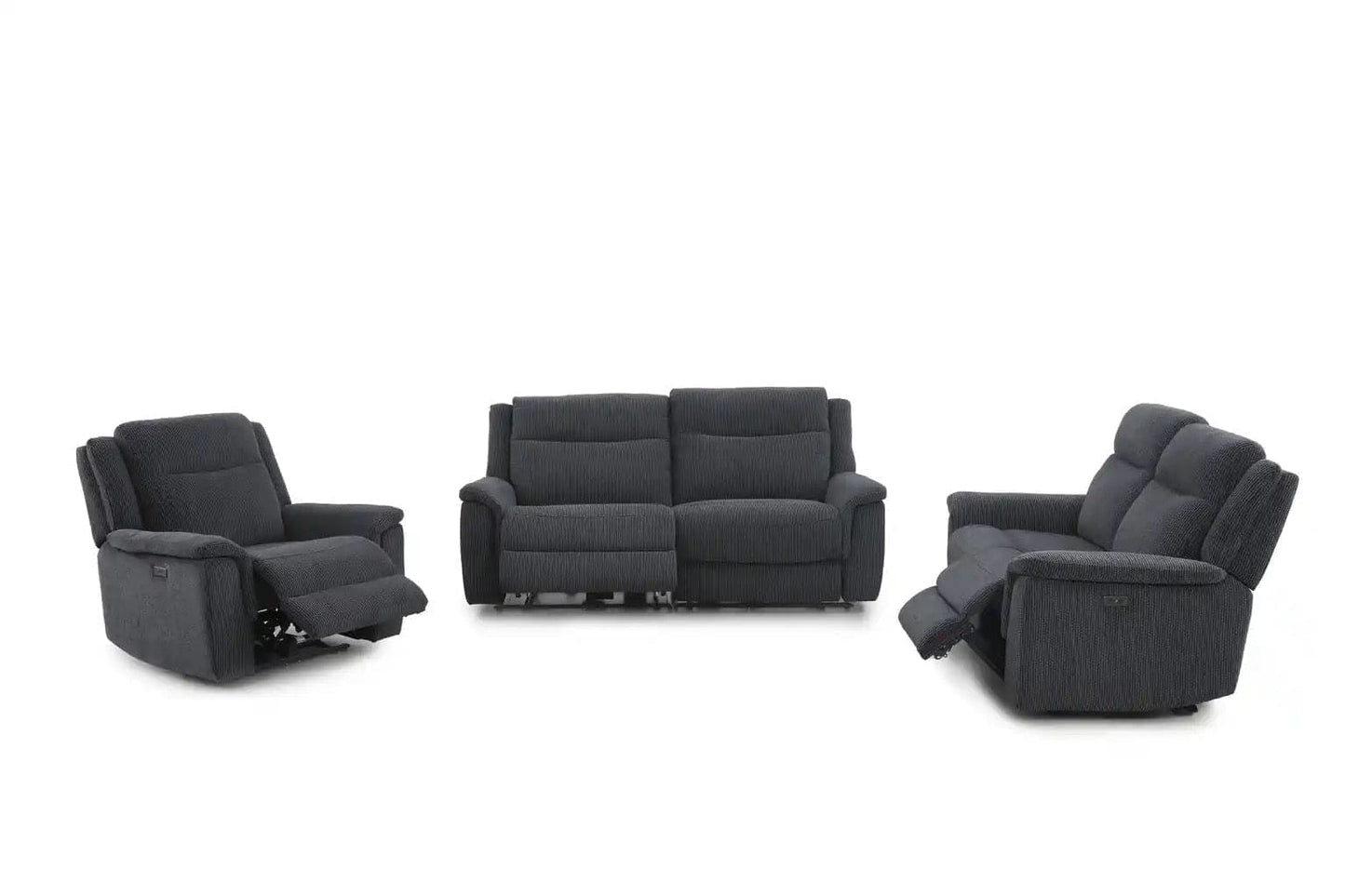 (PRE ORDER DISCOUNT! Back In Stock May 1st) "Tamla" Charcoal Grey Fabric Electric Recliner 3 Seater, 2 Seater & Armchair Sofa Set Complete With USB/C Charging Ports