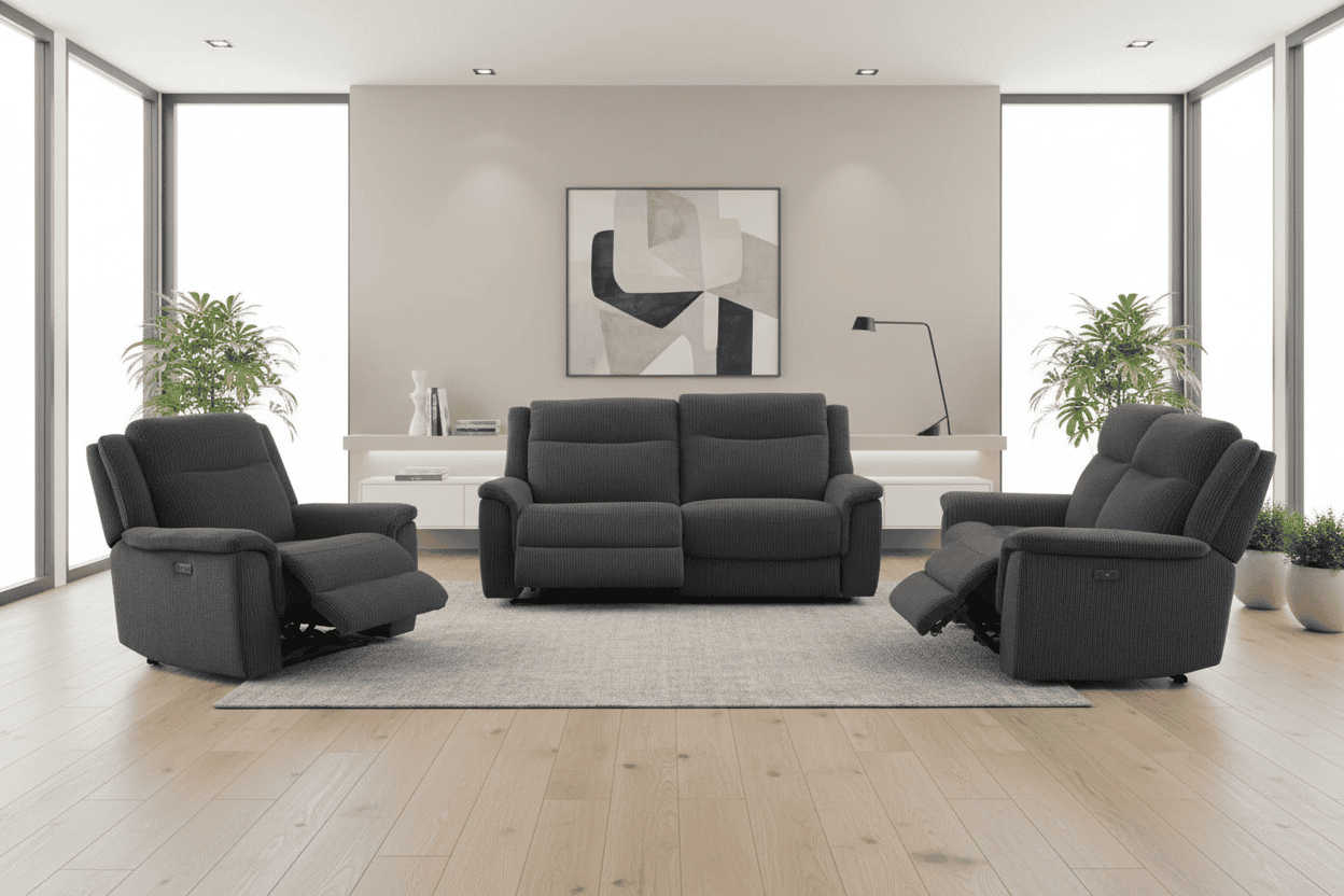 (PRE ORDER DISCOUNT! Back In Stock May 1st) "Tamla" Charcoal Grey Fabric Electric Recliner 3 Seater, 2 Seater & Armchair Sofa Set Complete With USB/C Charging Ports