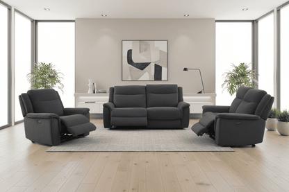 (PRE ORDER DISCOUNT! Back In Stock May 1st) "Tamla" Charcoal Grey Fabric Electric Recliner 3 Seater, 2 Seater & Armchair Sofa Set Complete With USB/C Charging Ports