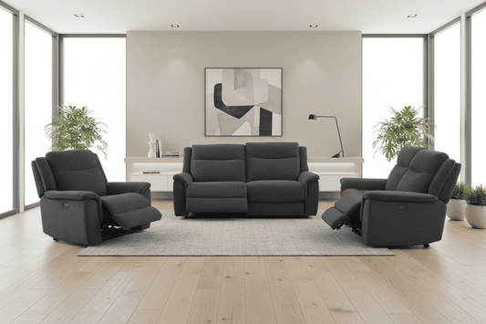 (PRE ORDER DISCOUNT! Back In Stock May 1st) "Tamla" Charcoal Grey Fabric Electric Recliner 3 Seater, 2 Seater & Armchair Sofa Set Complete With USB/C Charging Ports