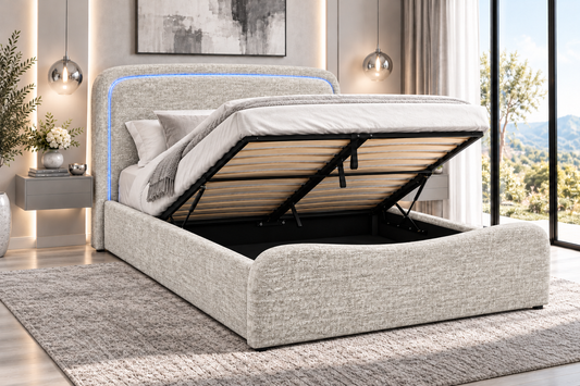 (Pre Order Deal, Back In Stock December 15th) "Harriet" Ivory Ottoman Storage Bed Frame + Mattress Package