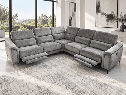 Beckham 2c2 Electric Recliner Grey Fabric Corner Sofa With Adjustable Headrests