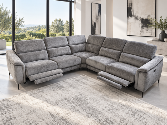 Beckham 2c2 Electric Recliner Grey Fabric Corner Sofa With Adjustable Headrests