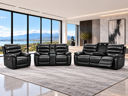 Calisese Black Leather Electric Reclining Sofa Range Suite Set With USB Charging Ports & Drop Down Tray Table