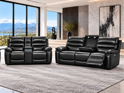 Calisese Black Leather Electric Reclining 3 Seater + 2 Seater With Drinks Console Sofa Range Suite Set With USB Charging Ports & Drop Down Tray Table