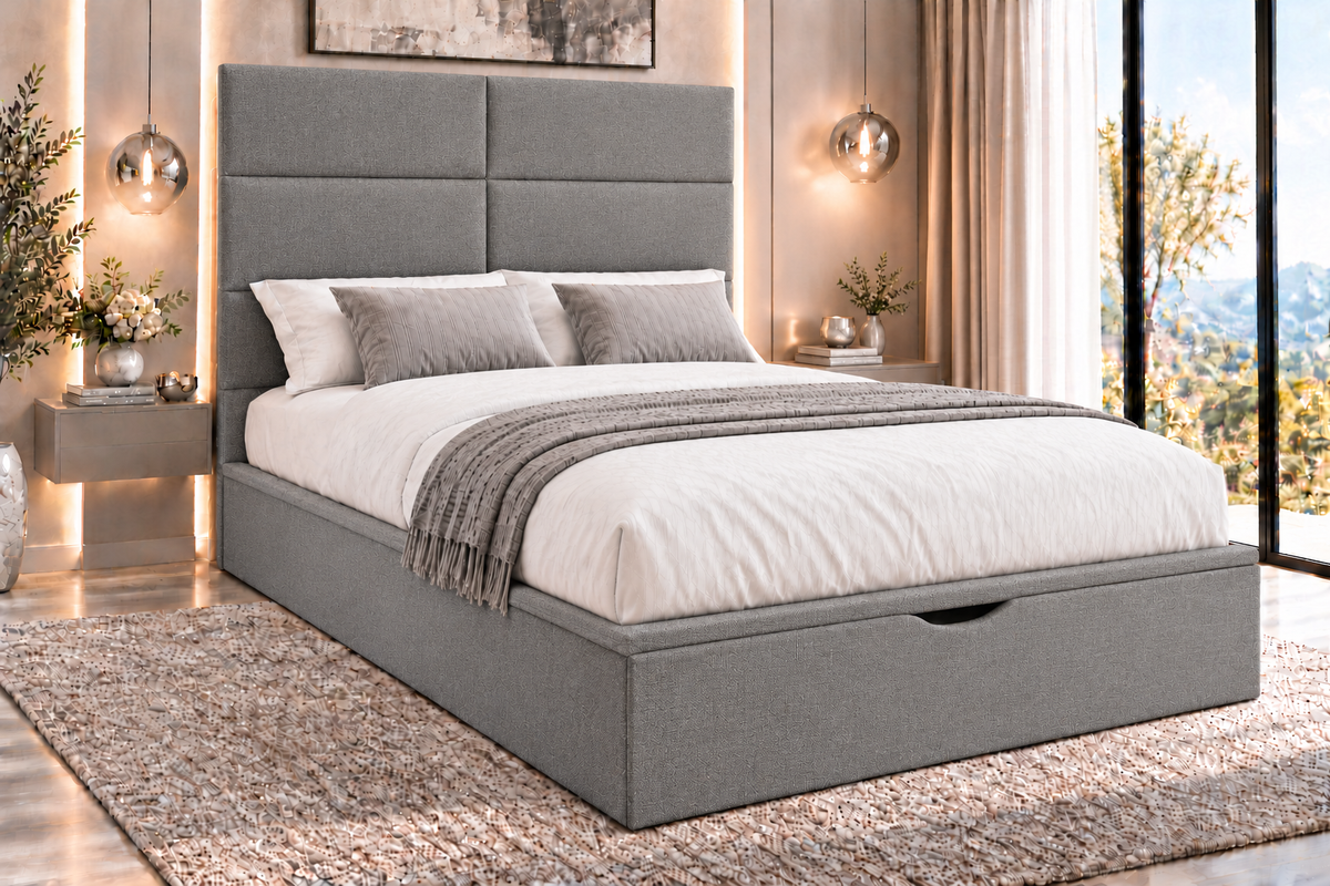"Indulgence" Grey Fabric Ottoman Storage Bed - Frame Only - 2 Sizes Available