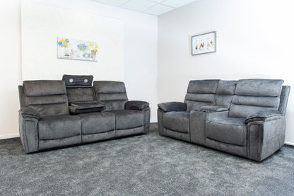 The “ Donald " Electric / Power Reclining Charcoal Grey Fabric Sofa Set - USB Charging & Drinks Tray Table Plus High Seating & Backrest Position | Couch |