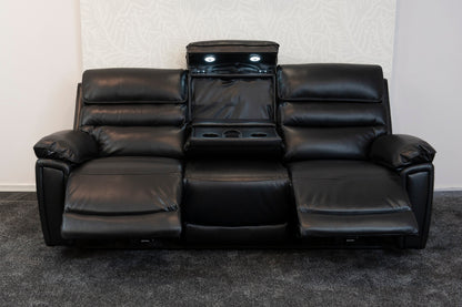 Donald Black Leather Electric / Power Reclining Sofa Range Suite Set With USB Charging Ports & Drop Down Tray Table
