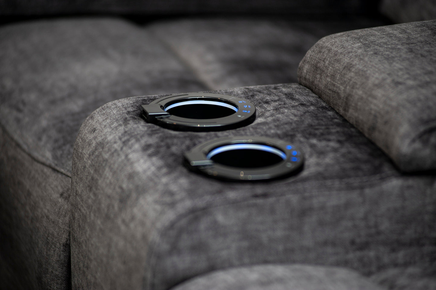 The “ Donald " Electric / Power Reclining Charcoal Grey Fabric 2 Seater Tech Sofa - USB Charging & Drinks Coolers Plus High Seating & Backrest Position | Couch |