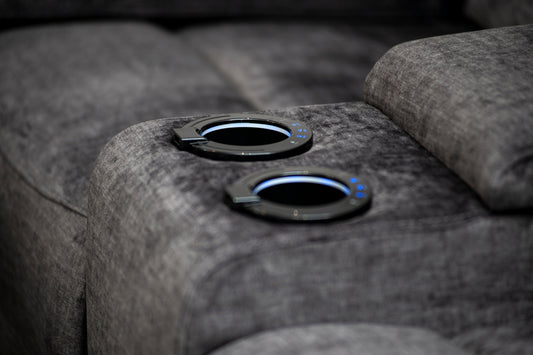 The “ Donald " Electric / Power Reclining Charcoal Grey Fabric 2 Seater Tech Sofa - USB Charging & Drinks Coolers Plus High Seating & Backrest Position | Couch |