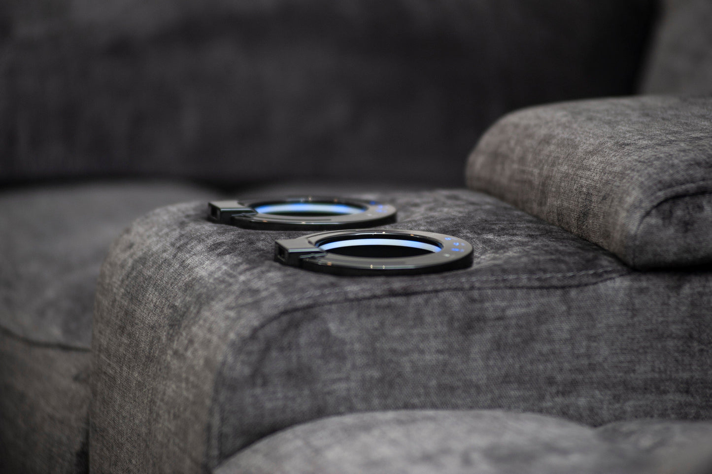 The “ Donald " Electric / Power Reclining Charcoal Grey Fabric 2 Seater Tech Sofa - USB Charging & Drinks Coolers Plus High Seating & Backrest Position | Couch |