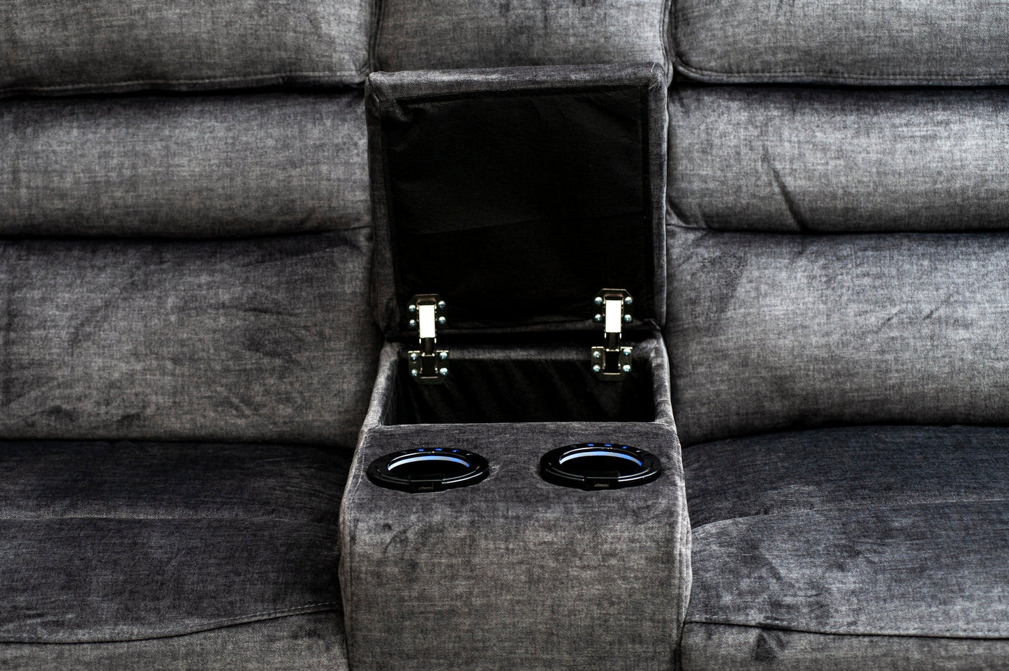 The “ Donald " Electric / Power Reclining Charcoal Grey Fabric 2 Seater Tech Sofa - USB Charging & Drinks Coolers Plus High Seating & Backrest Position | Couch |