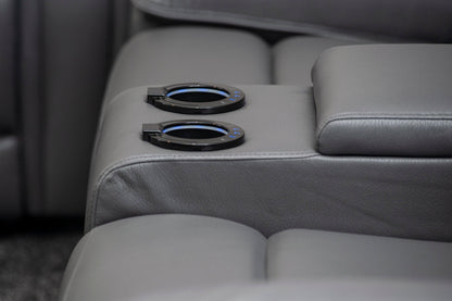 Donald Grey Leather Electric / Power Reclining 3 Seater + 2 Seater Sofa Suite Set With Drinks Coolers USB Charging Ports & Drop Down Tray Table