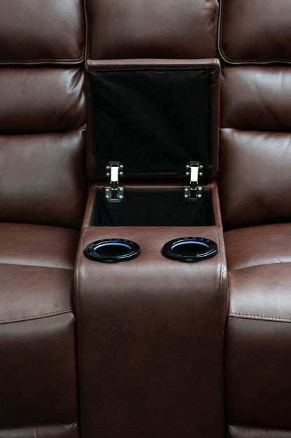 Donald Brown Leather Electric / Power Reclining 3 Seater + 2 Seater Sofa Set With USB Charging Ports & Drop Down Tray Table