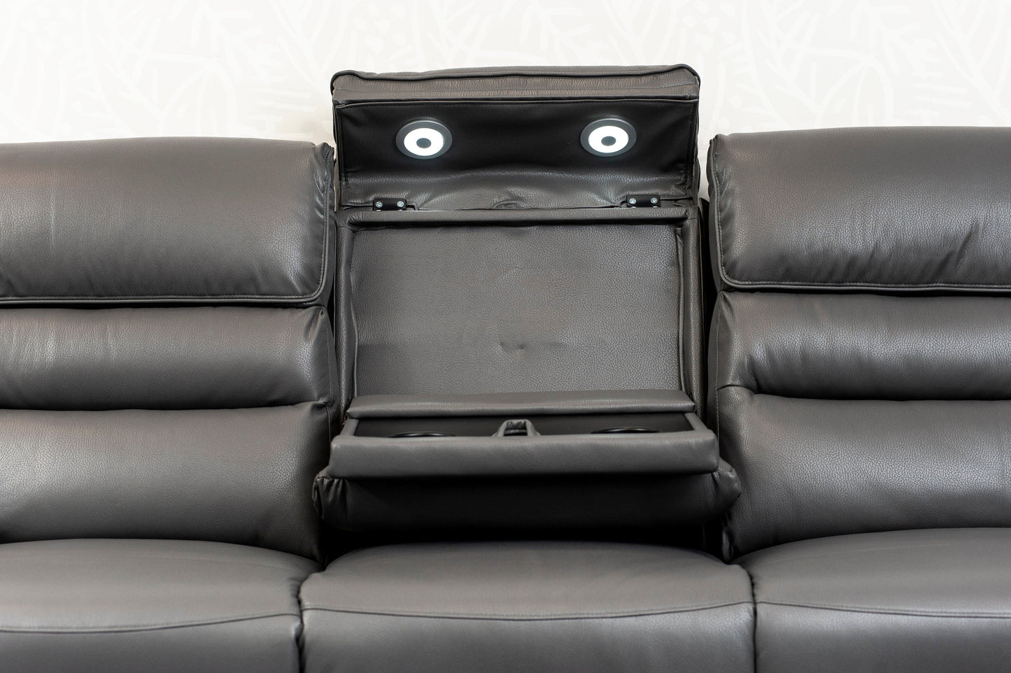 Donald Grey Leather Electric / Power Reclining Sofa Range Suite Set With Drinks Coolers USB Charging Ports & Drop Down Tray Table