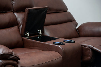 Donald Brown Leather Electric / Power Reclining 3 Seater + 2 Seater Sofa Set With USB Charging Ports & Drop Down Tray Table