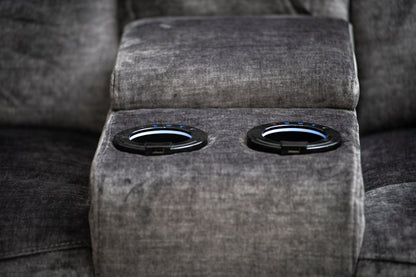 The “ Donald " Electric / Power Reclining Charcoal Grey Fabric Sofa Set - USB Charging & Drinks Tray Table Plus High Seating & Backrest Position | Couch |