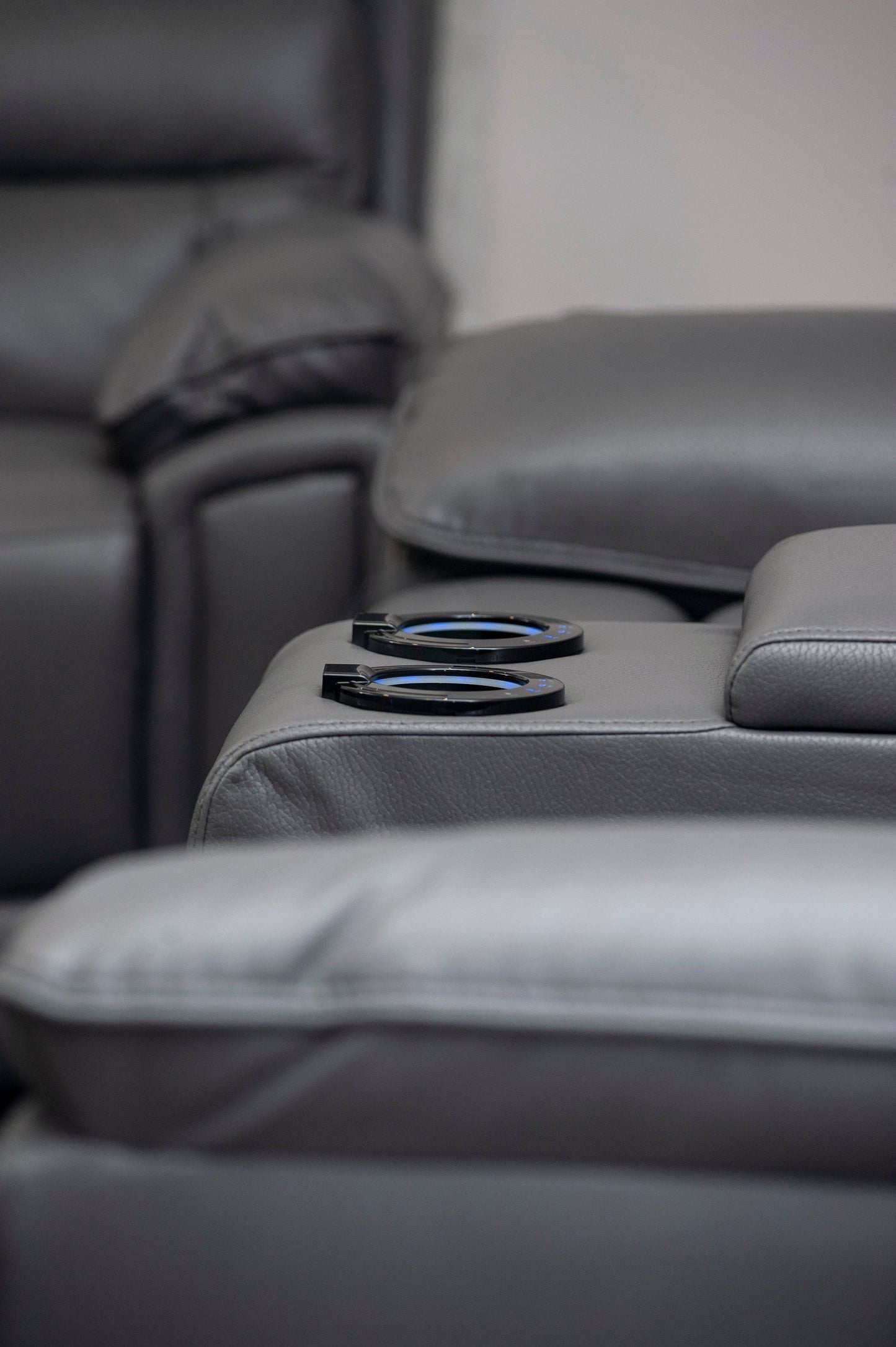 Donald Grey Leather Electric / Power Reclining Sofa Range Suite Set With Drinks Coolers USB Charging Ports & Drop Down Tray Table