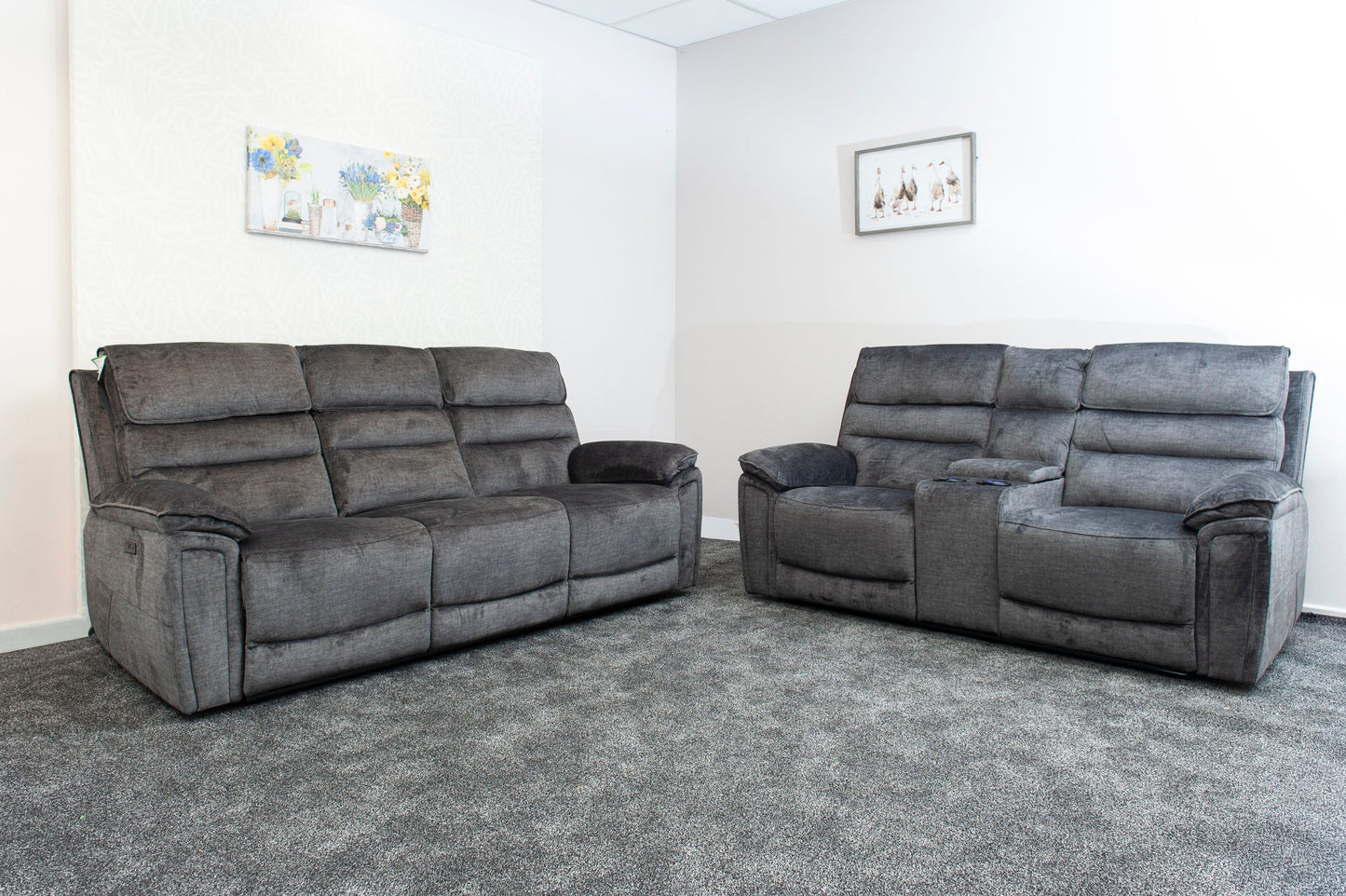 The “ Donald " Electric / Power Reclining Charcoal Grey Fabric Sofa Set - USB Charging & Drinks Tray Table Plus High Seating & Backrest Position | Couch |