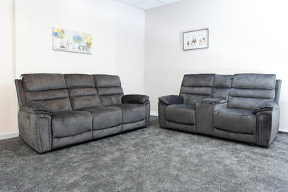 The “ Donald " Electric / Power Reclining Charcoal Grey Fabric Sofa Set - USB Charging & Drinks Tray Table Plus High Seating & Backrest Position | Couch |