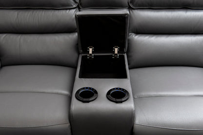 Donald Grey Leather Electric / Power Reclining Sofa Range Suite Set With Drinks Coolers USB Charging Ports & Drop Down Tray Table
