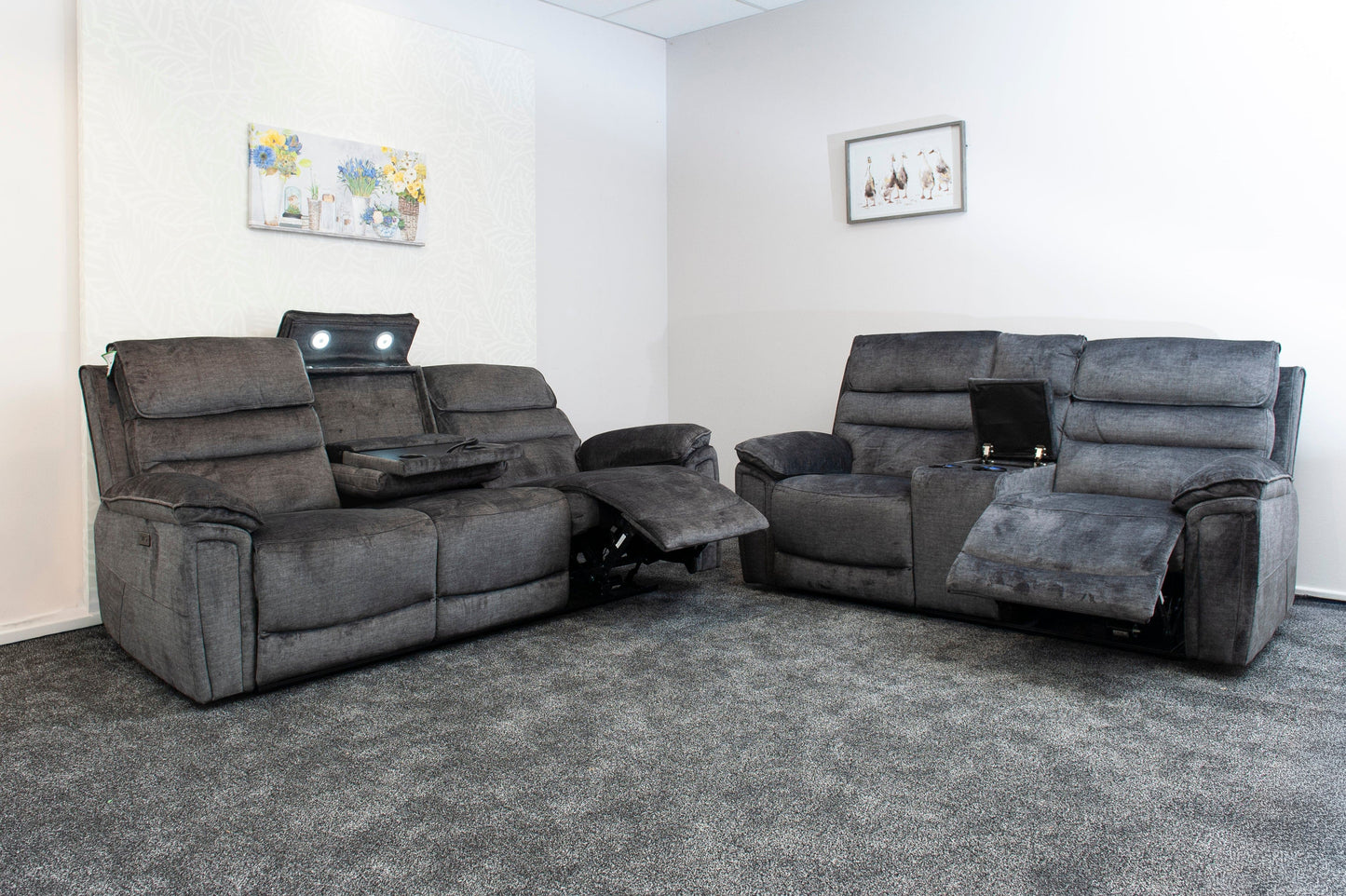 The “ Donald " Electric / Power Reclining Charcoal Grey Fabric Sofa Set - USB Charging & Drinks Tray Table Plus High Seating & Backrest Position | Couch |