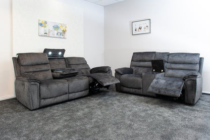 The “ Donald " Electric / Power Reclining Charcoal Grey Fabric Sofa Set - USB Charging & Drinks Tray Table Plus High Seating & Backrest Position | Couch |