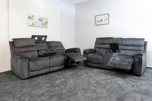 The “ Donald " Electric / Power Reclining Charcoal Grey Fabric Sofa Set - USB Charging & Drinks Tray Table Plus High Seating & Backrest Position | Couch |