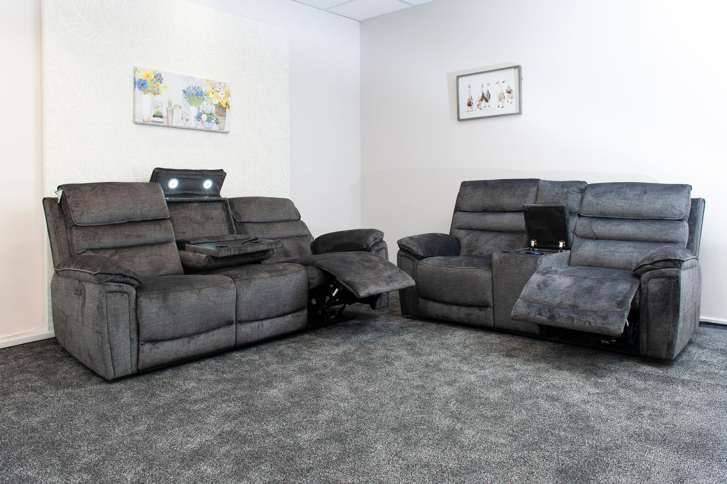 “Donald" Electric Reclining Charcoal Grey Fabric 3 Seater + 2 Seater Sofa Set - Drinks Coolers - USB Charging & Drinks Tray Table + High Seating & Backrest Position | Couch |