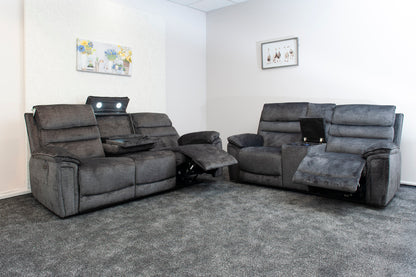 “Donald" Electric Reclining Charcoal Grey Fabric 3 Seater + 2 Seater Sofa Set - Drinks Coolers - USB Charging & Drinks Tray Table + High Seating & Backrest Position | Couch |