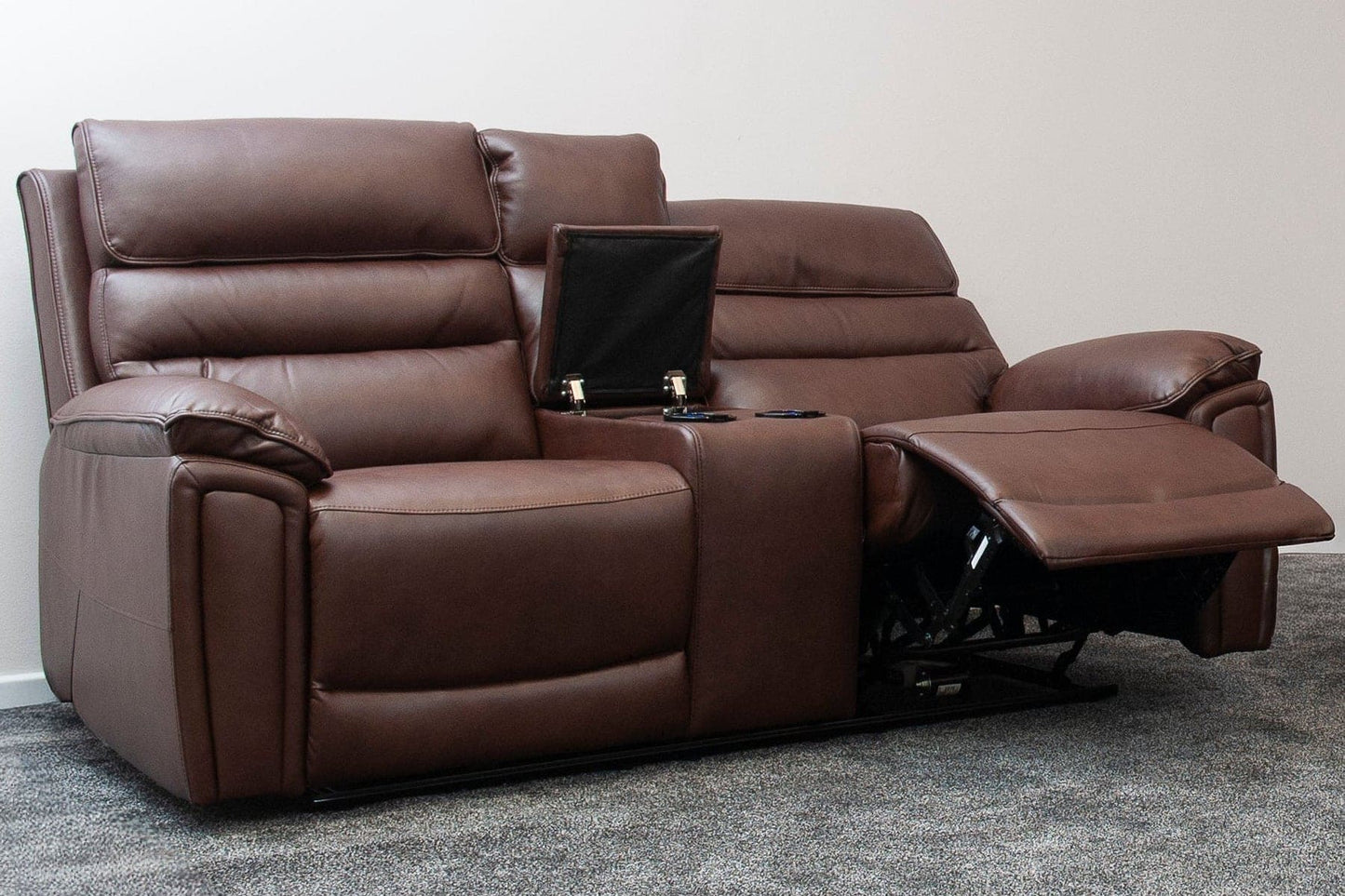 Donald Brown Leather Electric / Power Reclining 3 Seater + 2 Seater Sofa Set With USB Charging Ports & Drop Down Tray Table