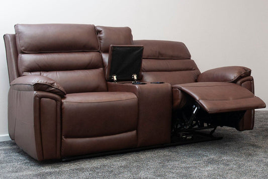 Donald Brown Leather Electric / Power Reclining 2 Seater Sofa With USB Charging Ports & Drinks Coolers