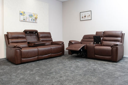 Donald Brown Leather Electric / Power Reclining 3 Seater + 2 Seater Sofa Set With USB Charging Ports & Drop Down Tray Table