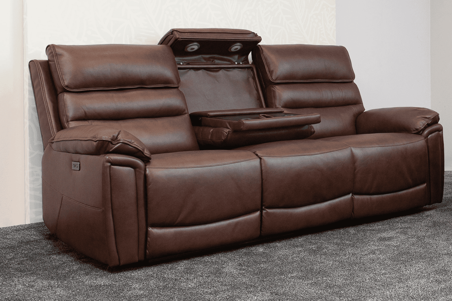 Donald Brown Leather Electric / Power Reclining 3 Seater Sofa With USB Charging Ports & Drop Down Tray Table