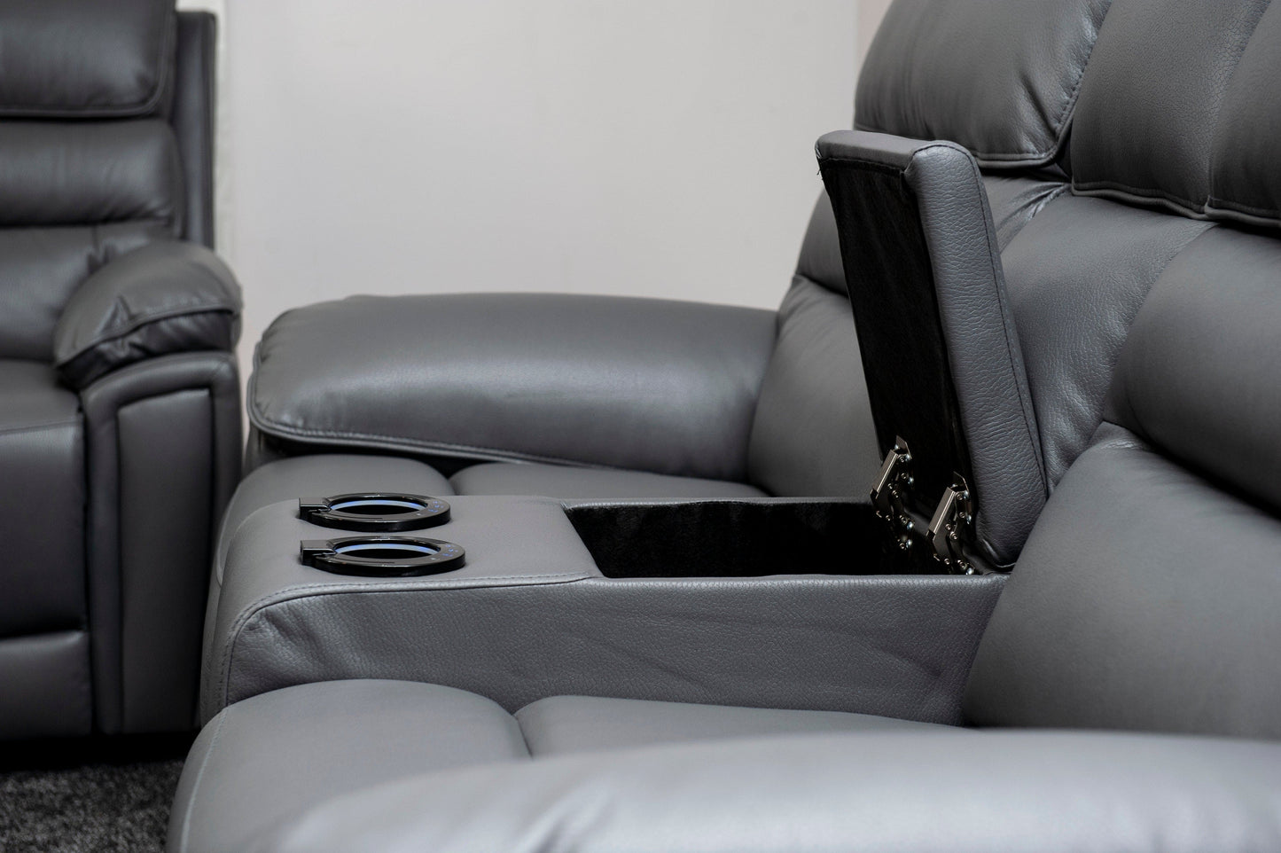 Donald Grey Leather Electric / Power Reclining Sofa Range Suite Set With Drinks Coolers USB Charging Ports & Drop Down Tray Table
