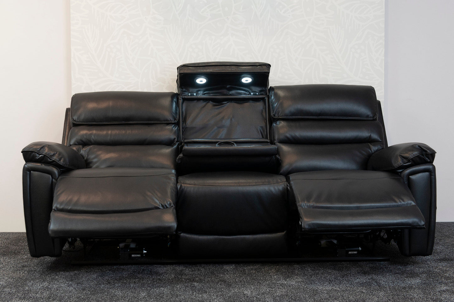 Donald Black Leather Electric / Power Reclining Sofa Range Suite Set With USB Charging Ports & Drop Down Tray Table